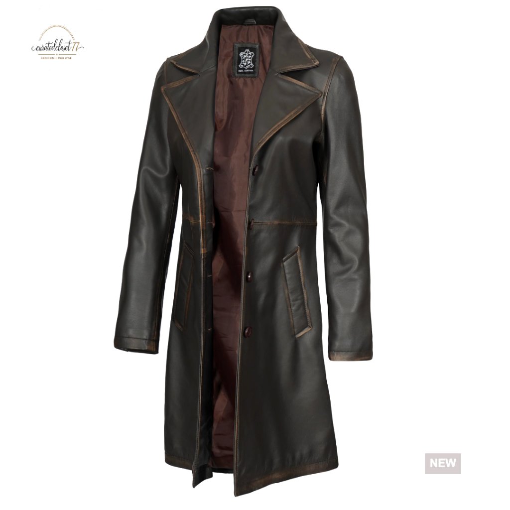 Lambskin Leather Trench Coat Classic Elegant Vintage Long Car Coat